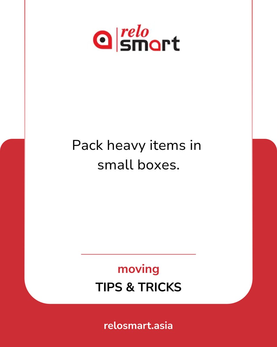 relosmartmovers's tweet photo. Heavy items go in small boxes — big boxes break and hurt your back. Save large boxes for light, bulky stuff.

#PackingTips #ReloSmart https://t.co/4Cv7ywf4zI