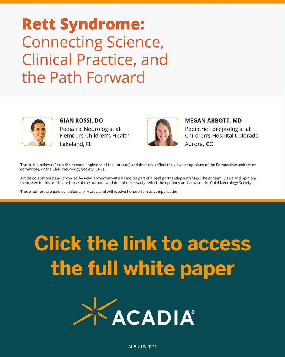 ChildNeuroSoc's tweet photo. Timely diagnosis of Rett syndrome requires a high index of suspicion โ subtle regression and developmental delay can be easy to miss. A new white paper explores the science, clinical practice, and path forward for RTT. https://t.co/CQQWZlX67a
#SponsoredPost by @AcadiaPharma https://t.co/igYFCjxzFm