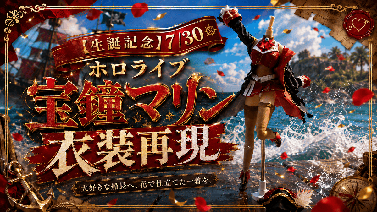 hanashigoto87's tweet photo. Ahoy！🏴‍☠️✨

マリン船長の生誕を記念して、
赤×黒×金の衣装を“花”で仕立てました🌹

🎬 生誕記念動画、公開！
https://t.co/Z5ZhkQ9WrH

シルエットも、装飾も、船長らしい色気も。
「好き」を詰め込んだ一着が完成するまでを、動画でぜひ見届けてください！

#宝鐘マリン生誕祭2026
#宝鐘マリン #ホロライブ