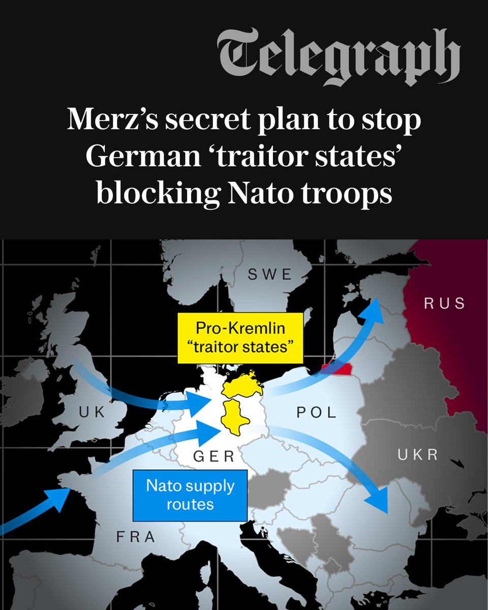 Telegraph's tweet photo. Friedrich Merz is drawing up secret plans to prevent German pro-Kremlin “traitor states” from obstructing Nato’s plans to defend against a Russian invasion.

This is how the German Chancellor plans to do it 👇
https://t.co/W9q3T7wX8U https://t.co/eAJGP7nFtn
