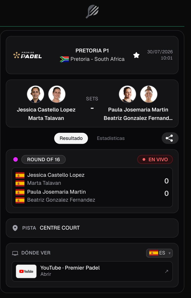 PadelscoreApp's tweet photo. 🔴 EN DIRECTO · LIVE
Jessica Castello Lopez / Marta Talavan vs Paula Josemaria Martin / Beatriz Gonzalez Fernandez
🏆 PRETORIA P1 · Round of 16
#Castello #Talavan #PretoriaP1 #PremierPadel https://t.co/CFx4y1Pj30
