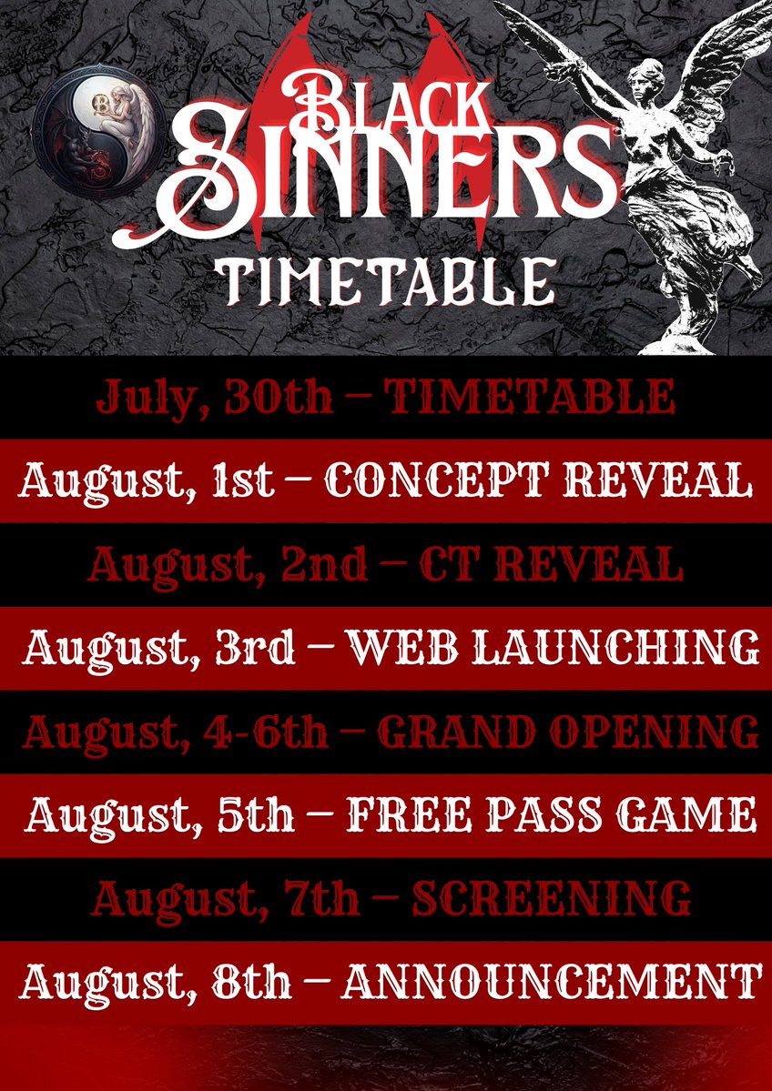 Blxcksinners's tweet photo. 𝗧𝗵𝗲 𝗴𝗮𝘁𝗲𝘀 𝗵𝗮𝘃𝗲 𝗼𝗽𝗲𝗻𝗲𝗱, 𝗮𝗻𝗱 𝘁𝗵𝗲 𝗰𝗼𝘂𝗻𝘁𝗱𝗼𝘄𝗻 𝗵𝗮𝘀 𝗯𝗲𝗴𝘂𝗻.

[ The 𝑩𝑳𝑨𝑪𝑲𝑺𝑰𝑵𝑵𝑬𝑹𝑺 timetable has been released! ]

Save the dates, stay prepared, and and don't let a single chapter of our story pass you by. https://t.co/QK7eghOU3l