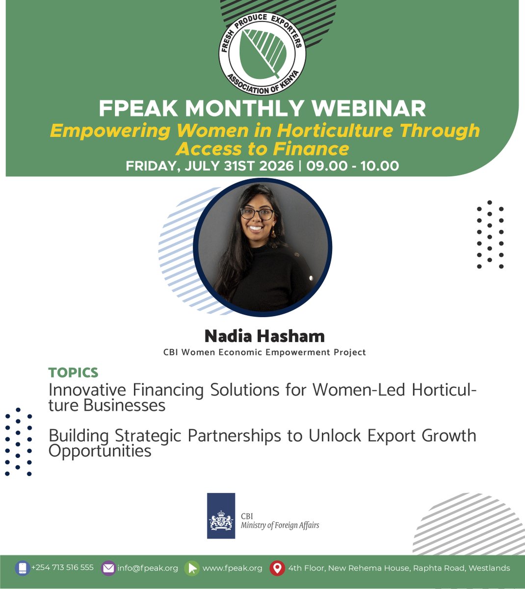 FPEAK_'s tweet photo. Women play a vital role in Kenya's horticulture sector. Join the #FPEAKMonthlyWebinar on Empowering Women in Horticulture Through Access to Finance.

 📅 31 Jul | 🕘 9:00 AM (EAT)

 Register: https://t.co/zYvnazmZfI #WomenInTrade #Horticulture #AccessToFinance https://t.co/SUs2GfanSY