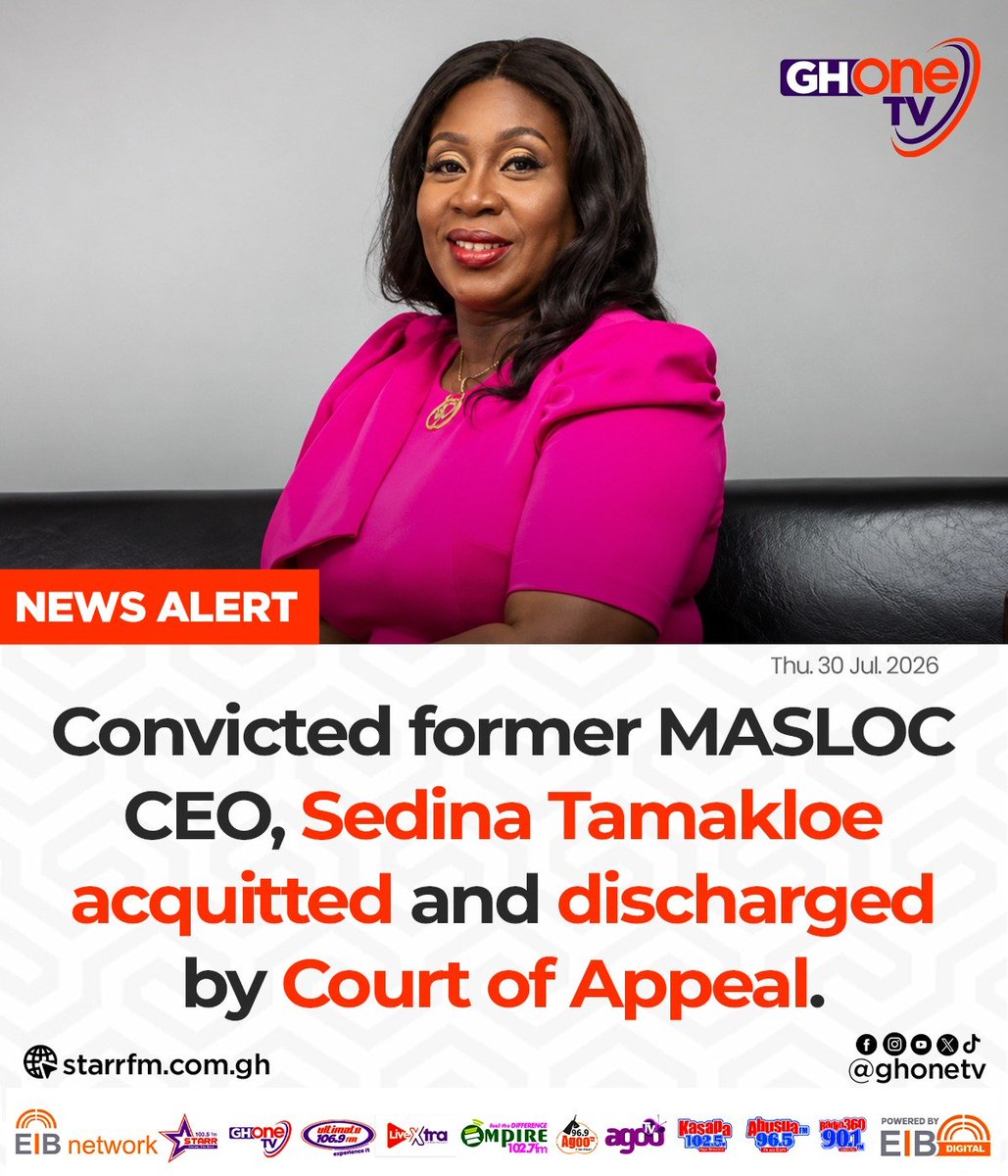 ghonetv's tweet photo. Convicted former MASLOC CEO, Sedina Tamakloe acquitted and discharged by Court of Appeal...

#GHOneNews #EIBNetwork
#GHOneTV #NewsAlert https://t.co/xe9gWbPo2Z