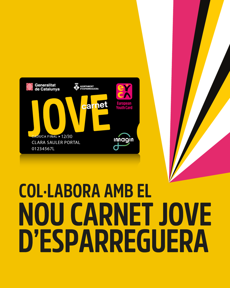 esparreguera's tweet photo. 💳 Suma el teu comerç al #CarnetJove d'#Esparreguera i ajuda els joves del municipi oferint descomptes en els teus serveis o productes
El @carnetjove_cat no té cap cost i suma valor al teu negoci!
Informa't a
📞93 770 85 98
📲 comerc@esparreguera.cat
👉 https://t.co/XtfPArID2Q https://t.co/NsgO5BWuLm