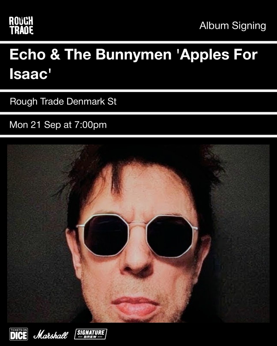Bunnymen's tweet photo. Rough Trade Denmark Street is very excited to present a signing from Echo and The Bunnymen lead singer Ian McCulloch. This unique event celebrates the release of their new album 'Apples For Isaac' released via BMG.
Tickets for this event also include a physical copy of the fantastic new album on your format of choice to be collected from Rough Trade local Denmark Street on on the day of the show.
https://t.co/eHj1UhMJKM