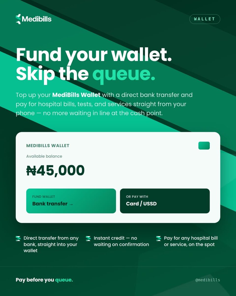 Medibillsng's tweet photo. No more standing in the billing queue with a sick relative.

Fund your MediBills Wallet with a simple bank transfer, and pay for hospital bills, tests, and services straight from your phone. Instant credit, zero stress.

Your wallet. Your pace. 💚

#MediBills #HealthTech #SkipTheQueue #DigitalHealth #FinTech
