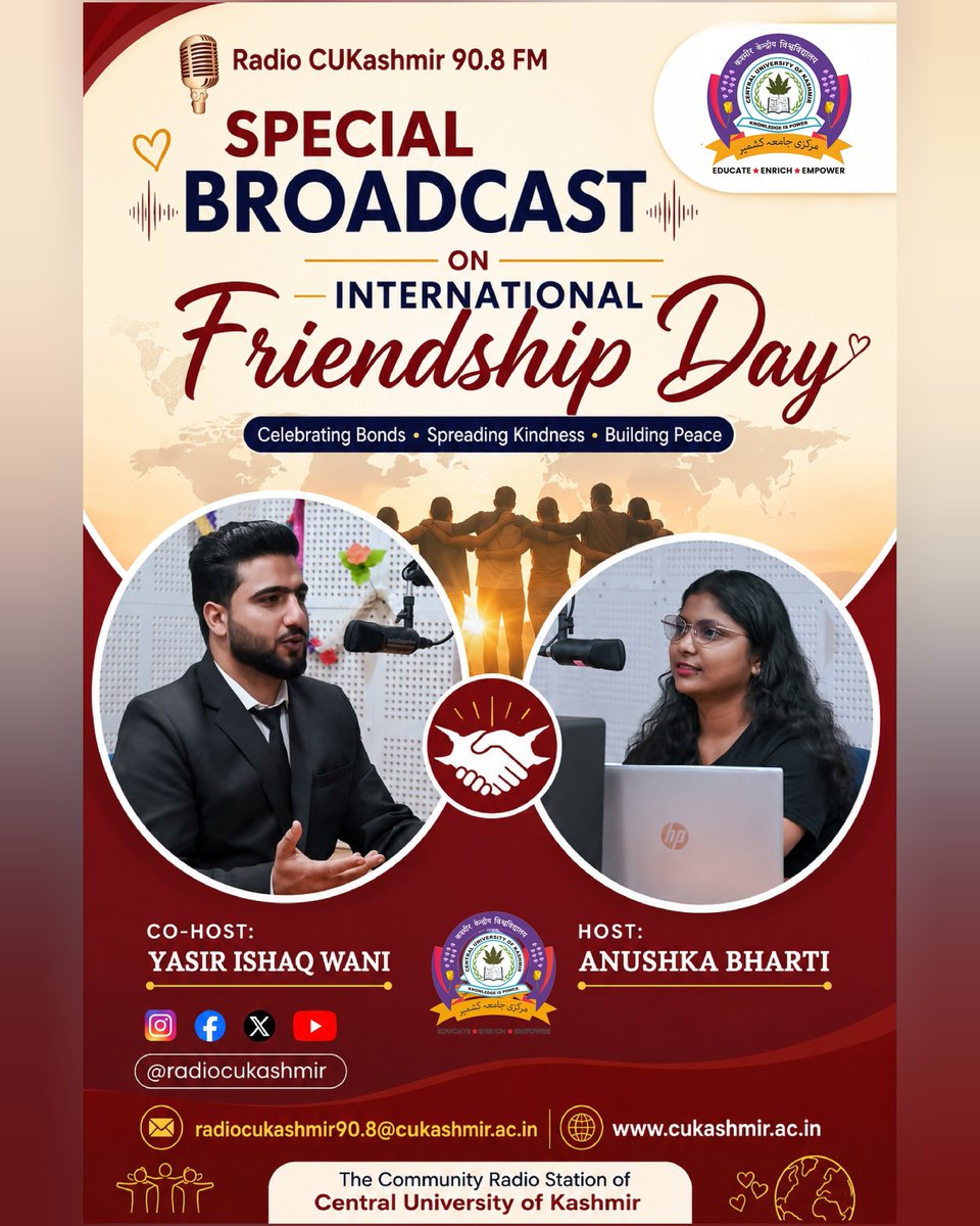 radiocukashmir's tweet photo. Radio CUKashmir 90.8 FM Observes ‘International Friendship Day’

Ganderbal, July 30: On the occasion of International Friendship Day, Radio CUKashmir 90.8 FM aired a special programme celebrating the values of friendship, empathy, trust and meaningful human connections. https://t.co/SdOrSouEXq