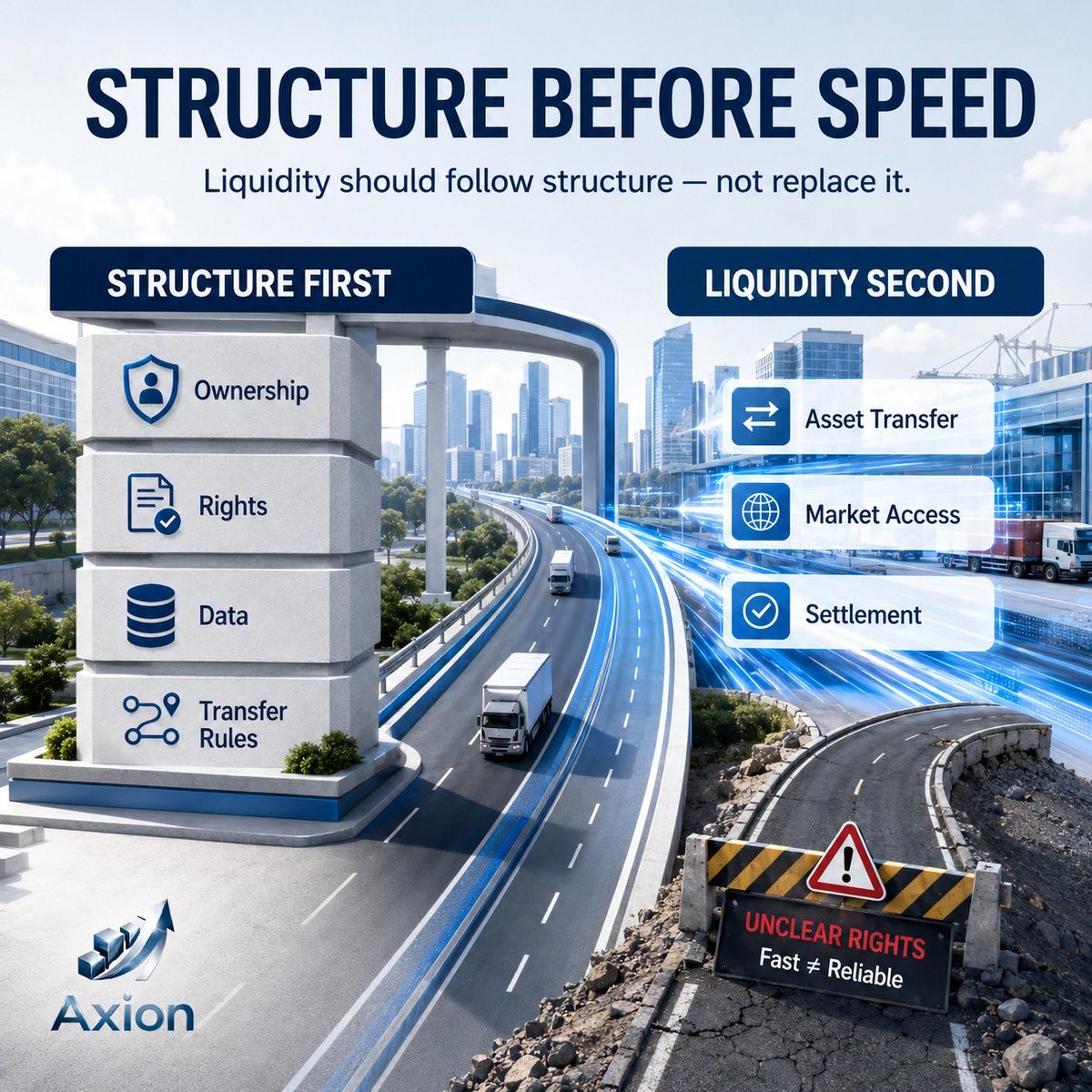 AxionRWA_Global's tweet photo. STRUCTURE BEFORE SPEED

Liquidity should follow structure — not replace it.

Before an asset can move efficiently, its ownership, rights, data and transfer rules need to make sense.

Speed built on confusion is only faster confusion.

#RWA #Tokenization #DigitalAssets #EnterpriseTechnology #BlockchainInfrastructure