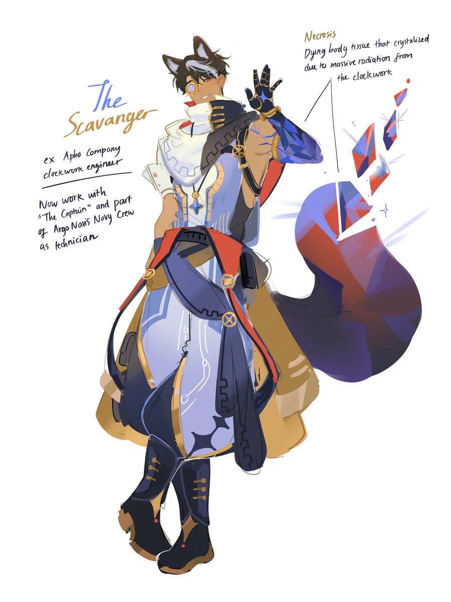 701wh4l3e's tweet photo. hemlo, @KFRNKM ! Welkam to my OCverse, Somni! :>>⭐️

Raka AKA The Scavenger, is a former Clockwork Engineer of Apho Company who became a fugitive after escaping with one of the Clockwork's key mechanisms. Now he works as the Argo Navis crew’s technician ^___^

#SecretOCverseTour https://t.co/zsnracUXcY