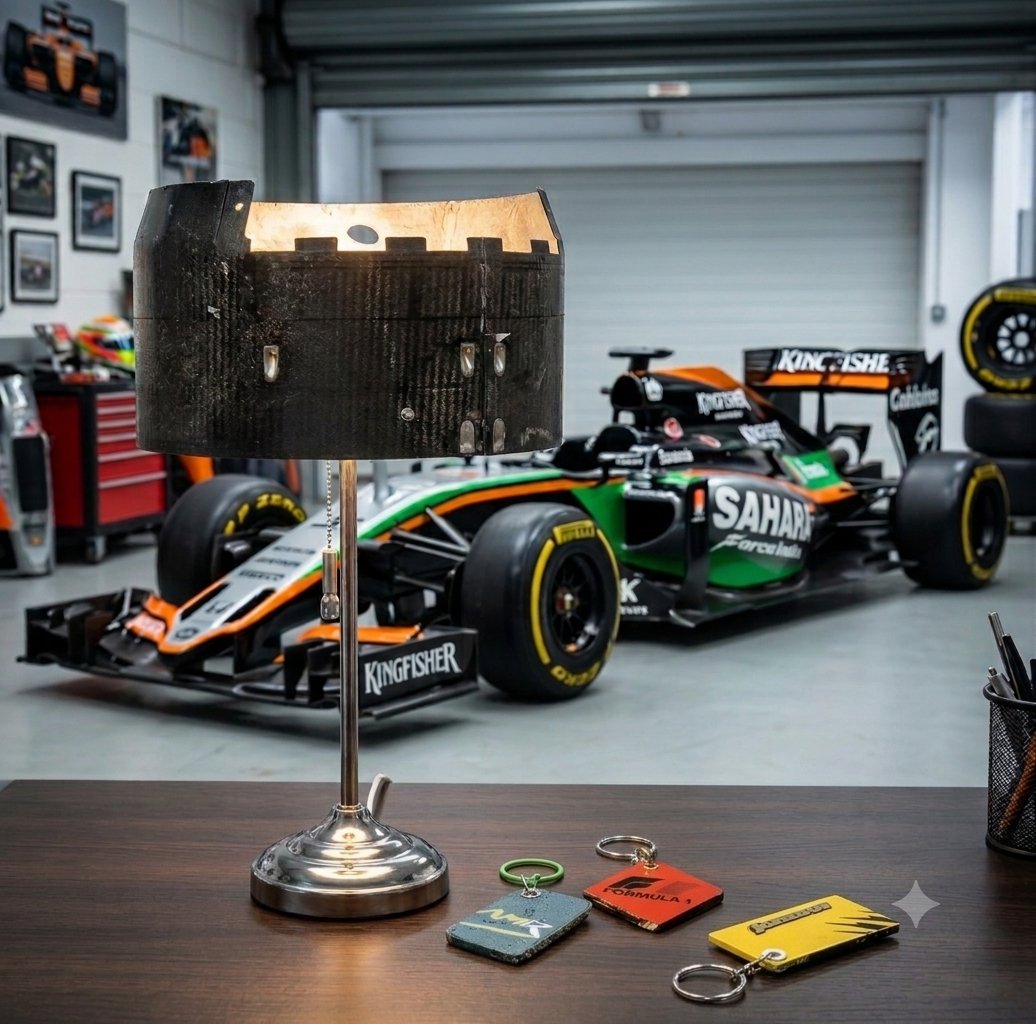 artiF1ed's tweet photo. You've seen the artiF1ed F1 car part floor lamps, now see an artiF1ed @F1 car part desk lamp! Complete with more F1 car parts charting the history from the @AstonMartinF1 team's lineage. https://t.co/PeEEmIeO34 https://t.co/olI0gmXcJI