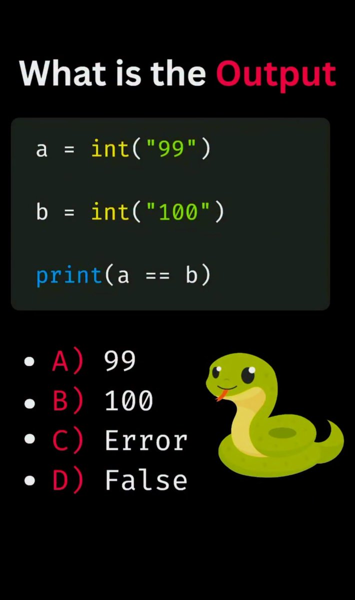 ThePyZone's tweet photo. Comment the answer 👇
Tag a friend who would get this wrong! 🐍 https://t.co/uL7YQ88fIs