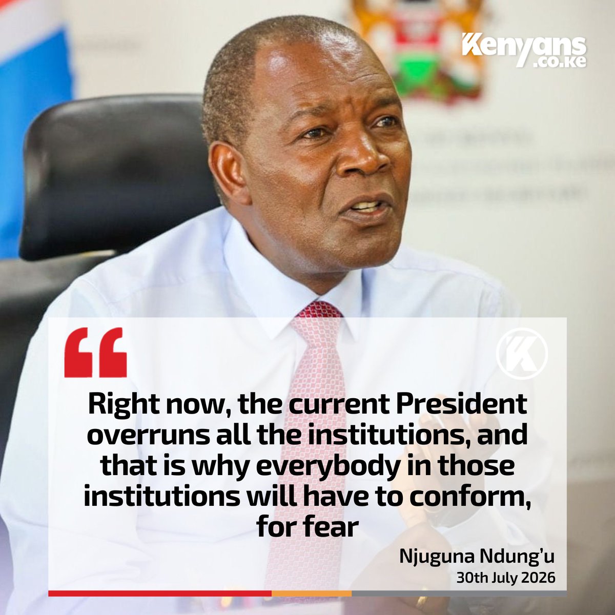 Kenyans's tweet photo. Right now, the current President overruns all the institutions - Former Treasury CS Njuguna Ndung'u https://t.co/weEdGrPJ2X