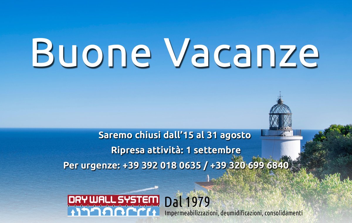 DrySrl's tweet photo. 🔵🔴 La nostra chiusura estiva: dal 15 al 31 agosto. 

👉🏻 Ripresa attività: 1 settembre.

✅ Chi avesse bisogno di materiale, prodotti e attrezzature, ci contatti.

#drywallsystem #vacanze #deumidificazione #deumidificazioni #impermeabilizzazione #impermeabilizzazioni #estate https://t.co/KuW1NGjsfP