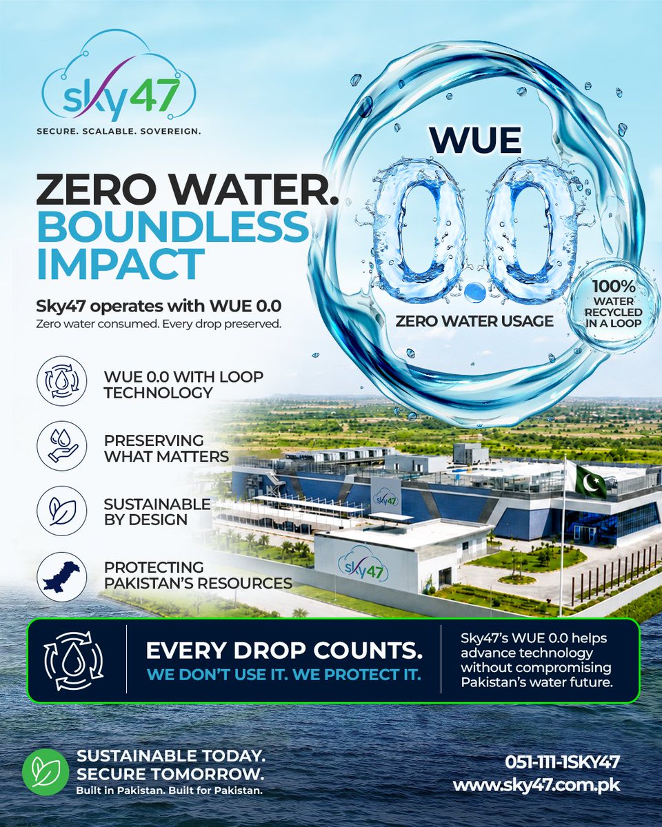 Sky47limited's tweet photo. Built to power Pakistan's digital future while protecting its vital resources.
With a WUE of 0.0 and advanced closed-loop technology, Sky47 delivers AI-ready infrastructure with zero water waste.
Every drop protected. Every future powered.
#Sky47 #WUEZero #DigitalPakistan https://t.co/gChcOvcHkH