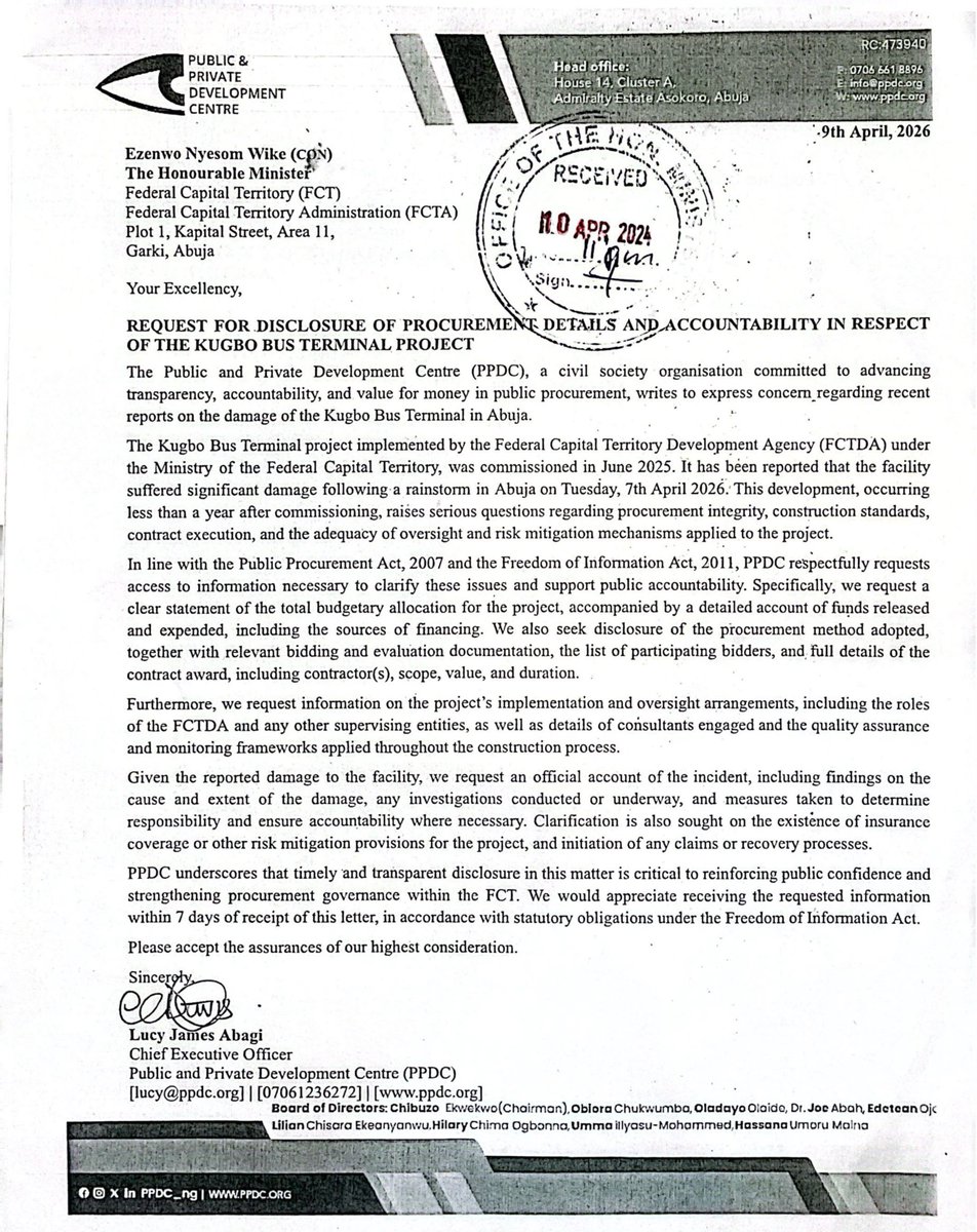 budeshi_ng's tweet photo. On 9 Apr 2026, PPDC submitted an FOI request to the FCTA seeking procurement information on the Kugbo Bus Terminal Project. The request was received and acknowledged. Under the FOI Act, a response is due within 7 days. PPDC demands a response. #FOI #Transparency #PPDC https://t.co/maDNcBgOWW