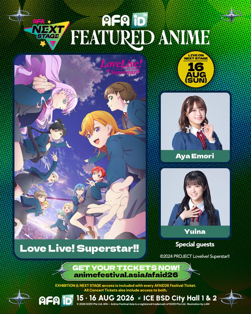 animefestasia's tweet photo. #AFAID26 Love Live! Superstar!! on NEXT STAGE with VAs Aya Emori (Natsumi) &amp; Yuina (Wien)! 

Festival tix from IDR 100K/day (exhibition+NEXT STAGE, concert holders too) at 
https://t.co/PZCIR7nWBQ https://t.co/B03EhIIS4C