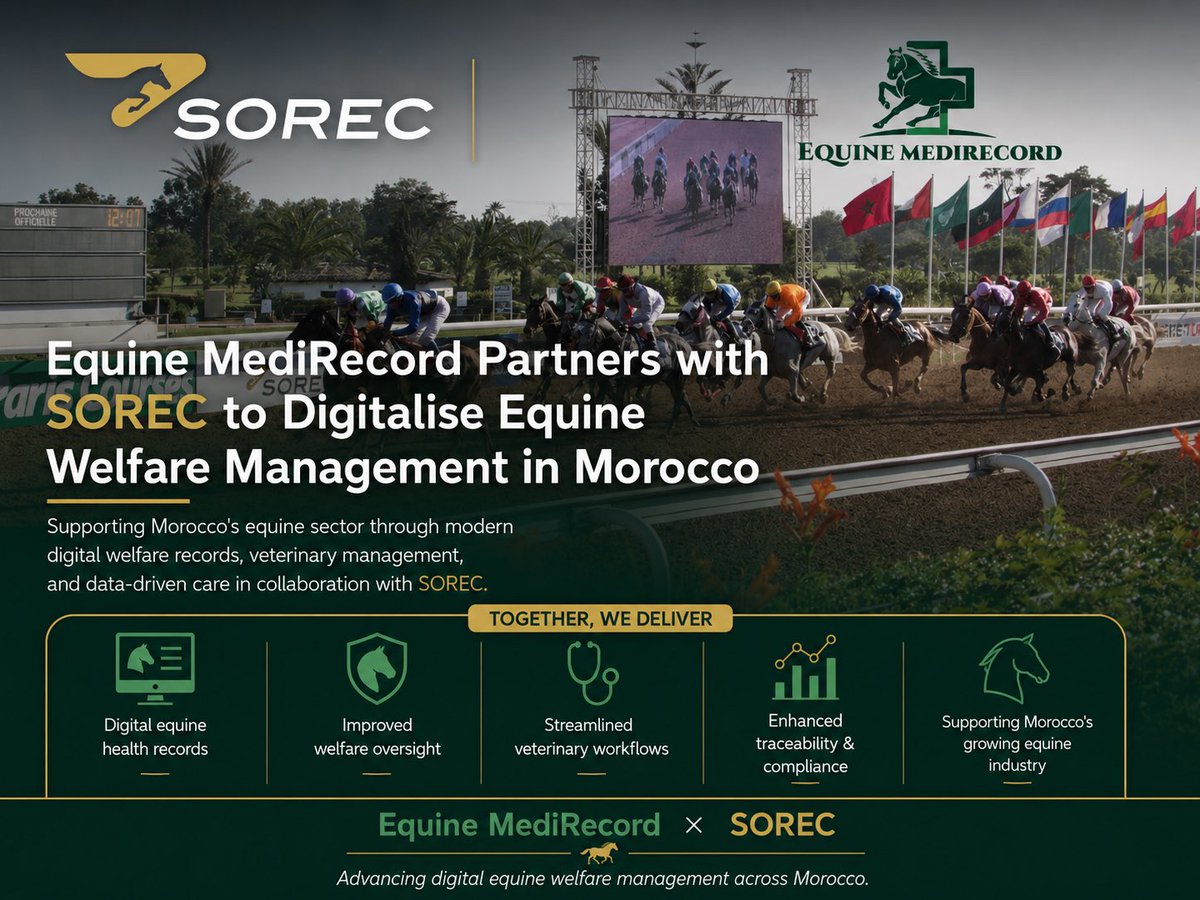 EquineMediRec's tweet photo. We're proud to partner with @SORECofficiel to help digitalise equine welfare management in Morocco. 🇲🇦🐎
Together we're supporting better welfare through digital health records, veterinary management and enhanced traceability.
#EquineWelfare #SOREC #Morocco https://t.co/ojDdayR9iX