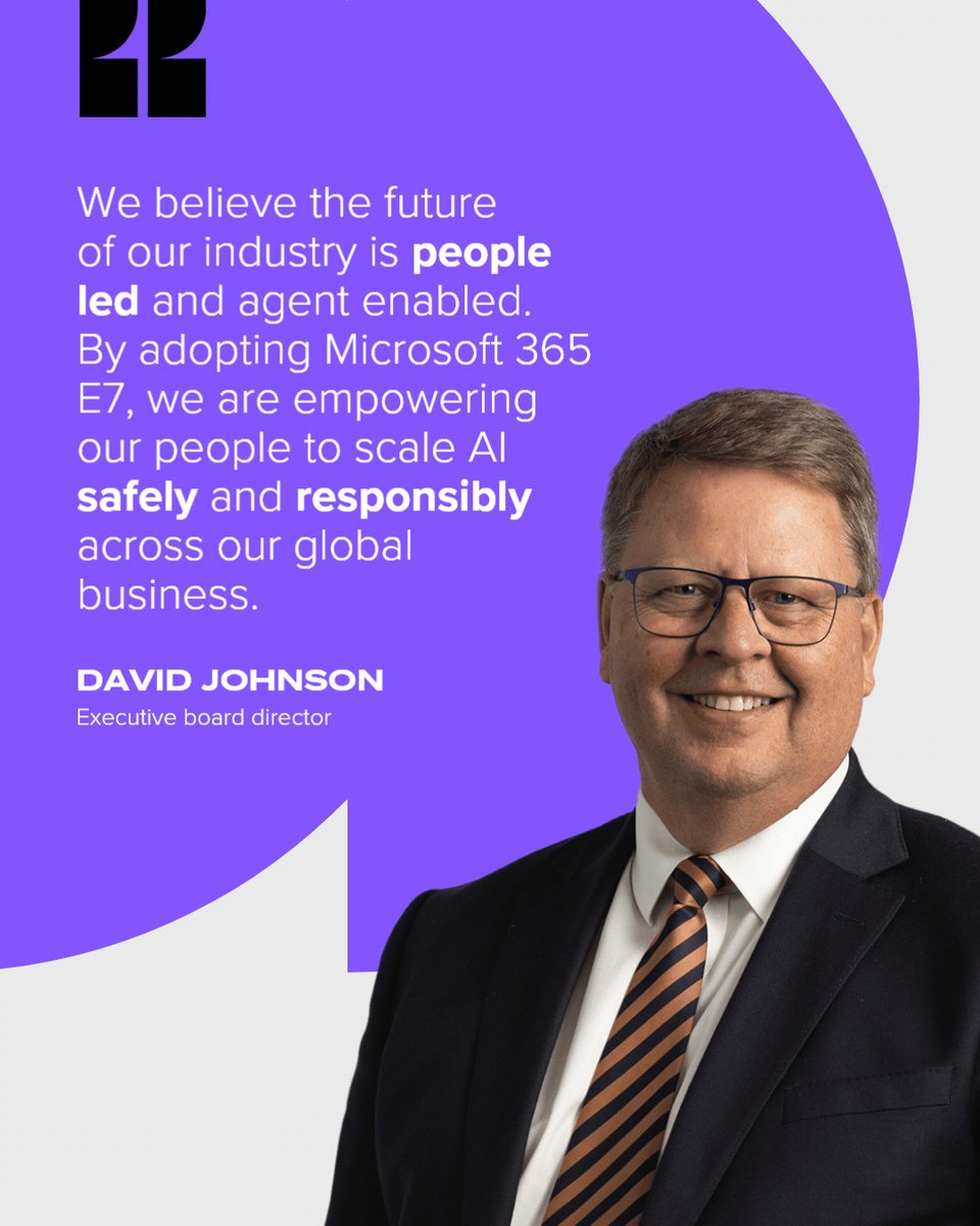A stylised, minimalist image with a large, solid purple shape on a light background. In the top left corner, double quotation marks are displayed in bold black font. David Johnson, executive board director at Mott MacDonald, is pictured. Text reads: “We believe the future of our industry is people led and agent enabled. By adopting Microsoft 365 E7, we are empowering our people to scale AI safely and responsibly across our global business.”