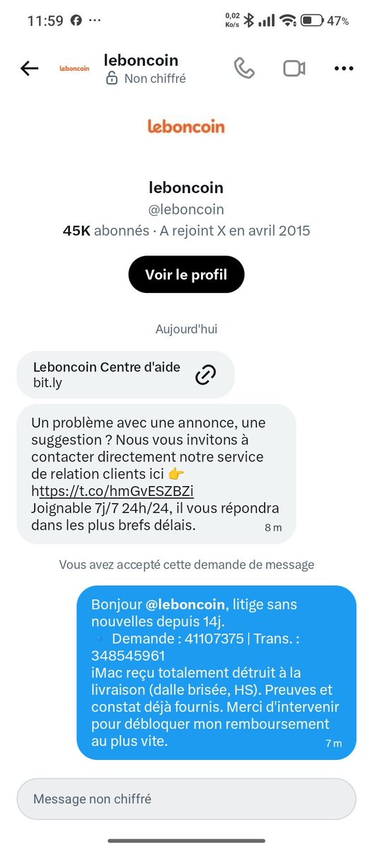 MichelParis19's tweet photo. 🏆 Bravo @leboncoin pour ce dialogue de sourds !
🖥️ iMac reçu totalement détruit
⏳ Litige sans réponse depuis 15 jours
🤖 Seule aide en DM : un lien vers la FAQ...
Merci de faire intervenir un HUMAIN pour débloquer le remboursement !
📂 N° 41107375
🔄 Un RT svp ? https://t.co/gjbosSDzd3