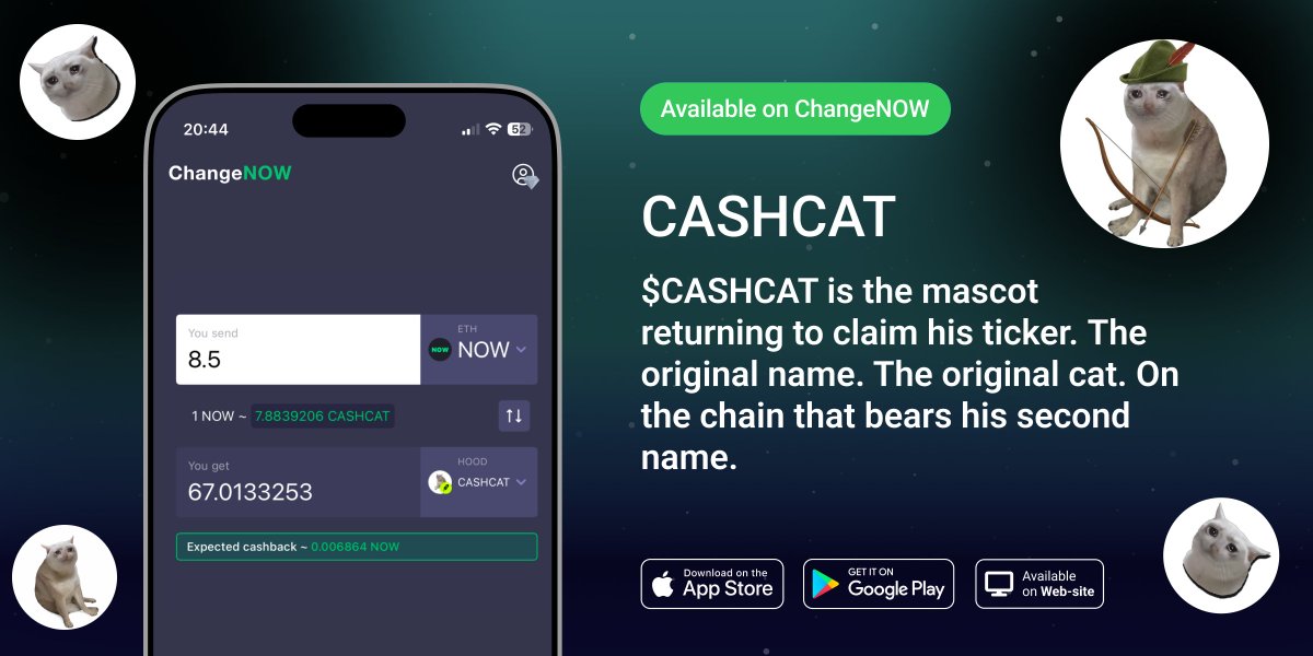 ChangeNOW_io's tweet photo. $CASHCAT is available on ChangeNOW.

@cashcat_token is a meme project on Robinhood Chain, tied to Robinhood’s early history before the brand became the green-hooded app people know today. 

Swap $CASHCAT instantly here: https://t.co/KgYHvL8bQl https://t.co/m4W7cMQwP2