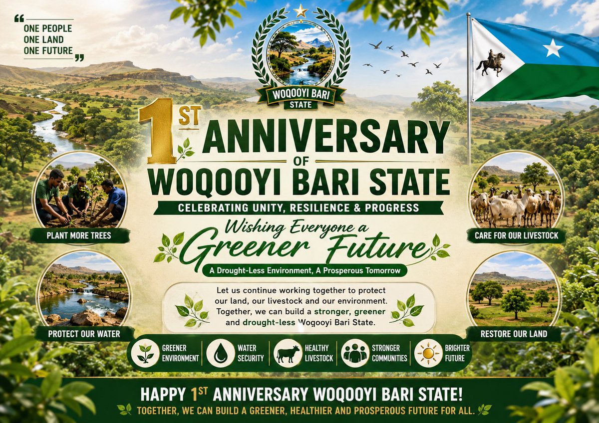 JKGreenFdn's tweet photo. 🌿 Happy 1st Anniversary to Woqooyi Bari State! 🎉

JK Green Foundation celebrates this milestone by renewing our commitment to a greener, healthier, and drought-resilient future.

Our Land. Our Livestock. Our Responsibility. Our Future. 💚🌍

#JKGreenFoundation #WaqooyiBariState https://t.co/abBxlxBEwK