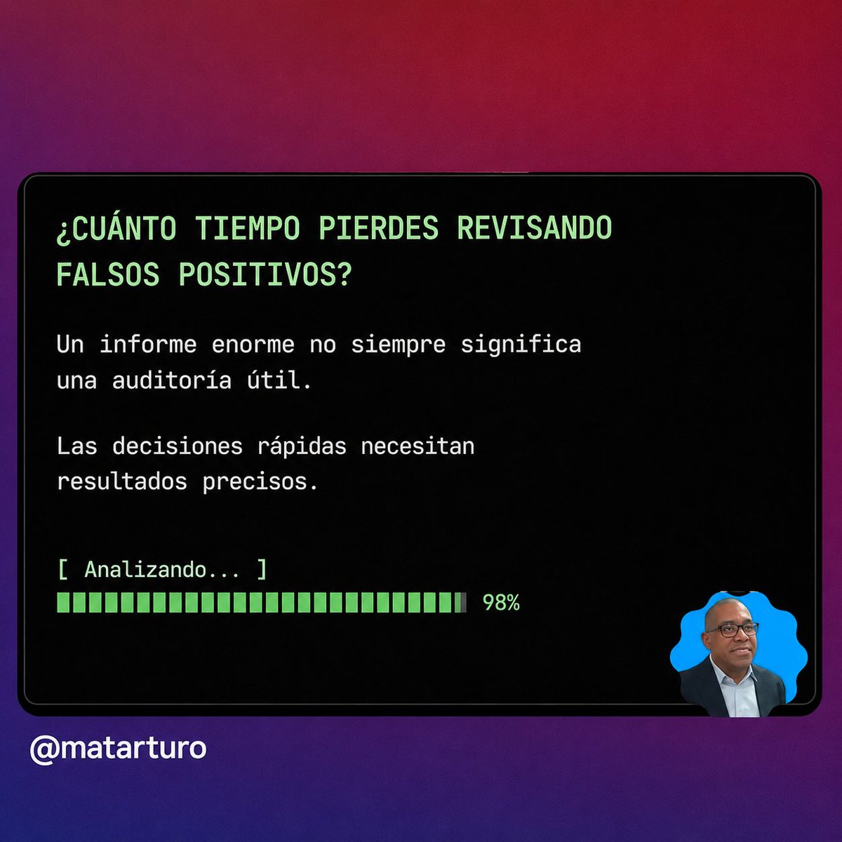 matarturo's tweet photo. La mayoría de las herramientas pueden encontrar vulnerabilidades.

El verdadero desafío es separar el ruido de los hallazgos que realmente representan un riesgo.

Menos falsos positivos.
Más decisiones acertadas.

Algo nuevo está por llegar.

#CyberSecurity #AppSec #DAST #OWASP https://t.co/lJLAAr5xYV