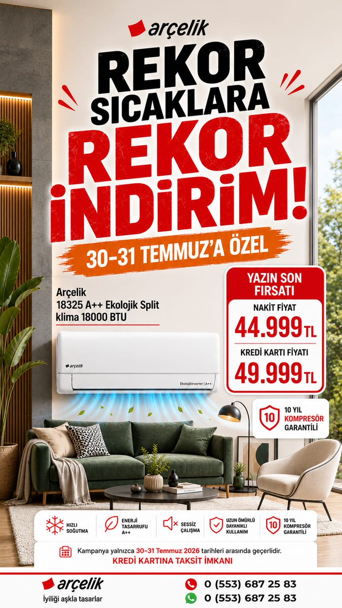 asiller1986's tweet photo. Rekor Sıcaklara Rekor İndirim! 30-31 Temmuz'a Özel Klimalarda Büyük İndirim Fırsatı! Ayrıca 10 yıl Kompresör Garantisi ve demontaj hizmetleri ÜCRETSİZ! #arçelik #asillerltd #salon #kaset #klima https://t.co/u8URL3Hvy2