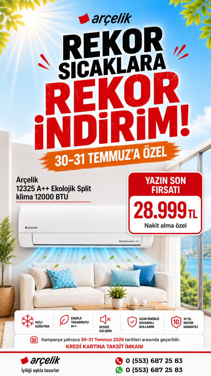 asiller1986's tweet photo. Rekor Sıcaklara Rekor İndirim! 30-31 Temmuz'a Özel Klimalarda Büyük İndirim Fırsatı! Ayrıca 10 yıl Kompresör Garantisi ve demontaj hizmetleri ÜCRETSİZ! #arçelik #asillerltd #salon #kaset #klima https://t.co/u8URL3Hvy2
