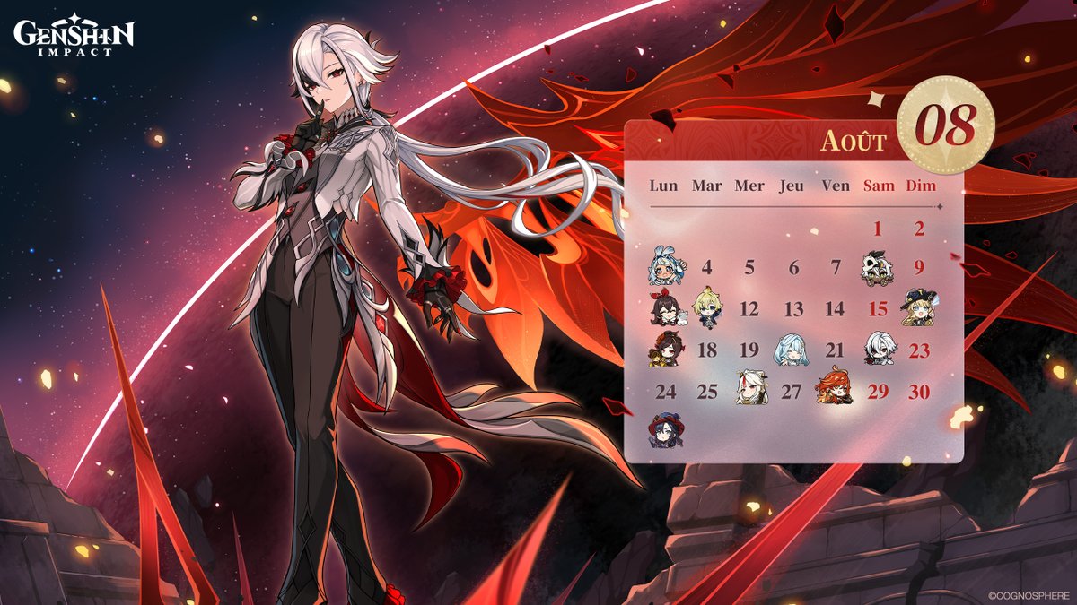 genshinimpactfr's tweet photo. Fonds d'écran calendriers
#GenshinImpactCalendar #GenshinImpact 

Bonjour voyageurs ! Voici les fonds d'écran du mois d'août (PC, mobile et Apple Watch), n'hésitez pas à les télécharger et à les utiliser !

Laissez une mention J'aime et partagez ce post pour avoir une chance de gagner des primo-gemmes !