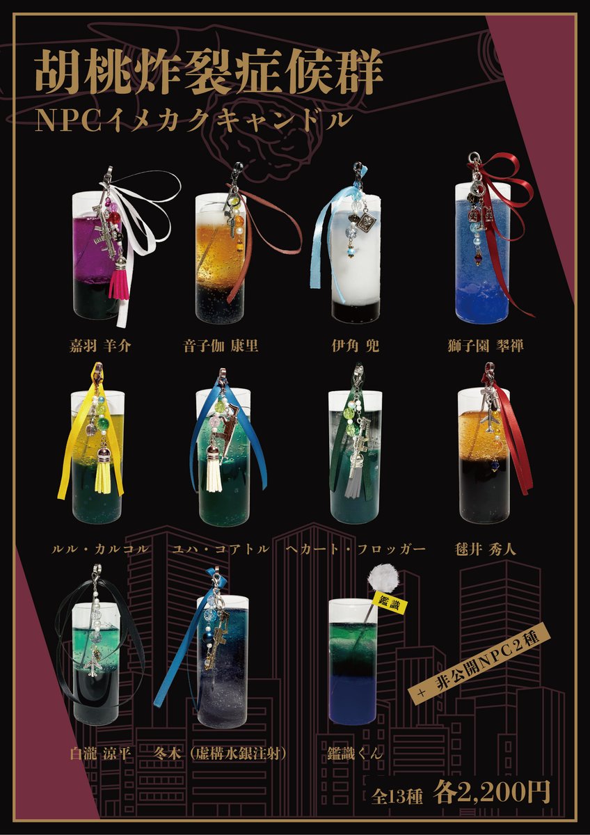 meadkurousagi's tweet photo. ╋━━━━━━━━━━╋
    胡桃炸裂症候群コラボ
    NPCイメカクキャンドル
             好評販売中
╋━━━━━━━━━━╋

ドロマイの素敵なNPCをイメージしたカクテルを家に飾れるキャンドルに仕立てました
高さ約10cmのミニサイズで飾りやすい！

色や飾りの意図の解説カードが付属します https://t.co/ZPZZXRSgYi