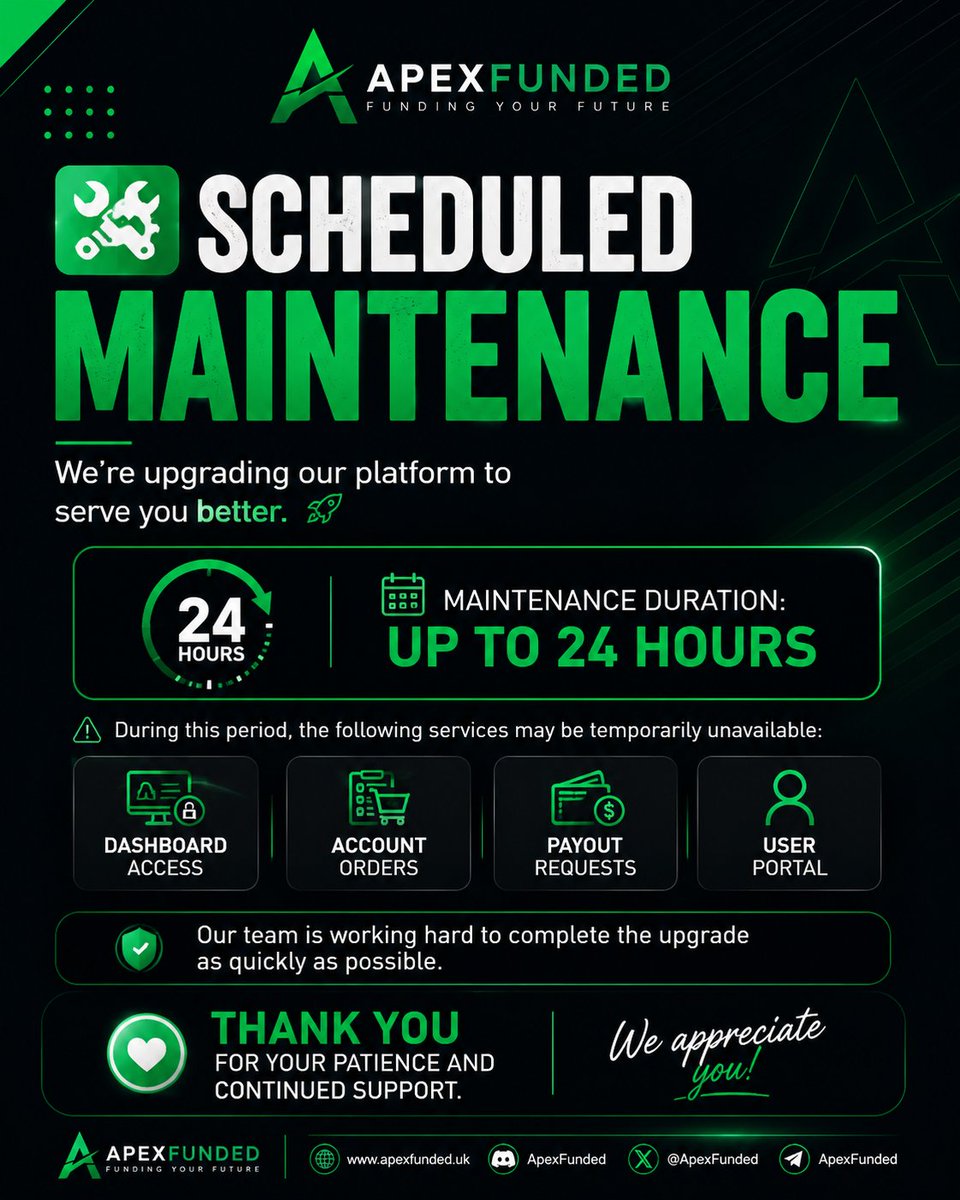 APEXFUNDED5qe's tweet photo. 🔧 APEXFUNDED
Scheduled Maintenance
We're upgrading our platform to serve you better. 🚀
🛠️ Maintenance Duration: Up to 24 Hours
During this period, the following services may be temporarily unavailable:
Dashboard Access
Account Orders
Payout Requests
User Portal
Our team is working hard to complete the upgrade as quickly as possible.
💙 Thank you for your patience and continued support.
ApexFunded Team