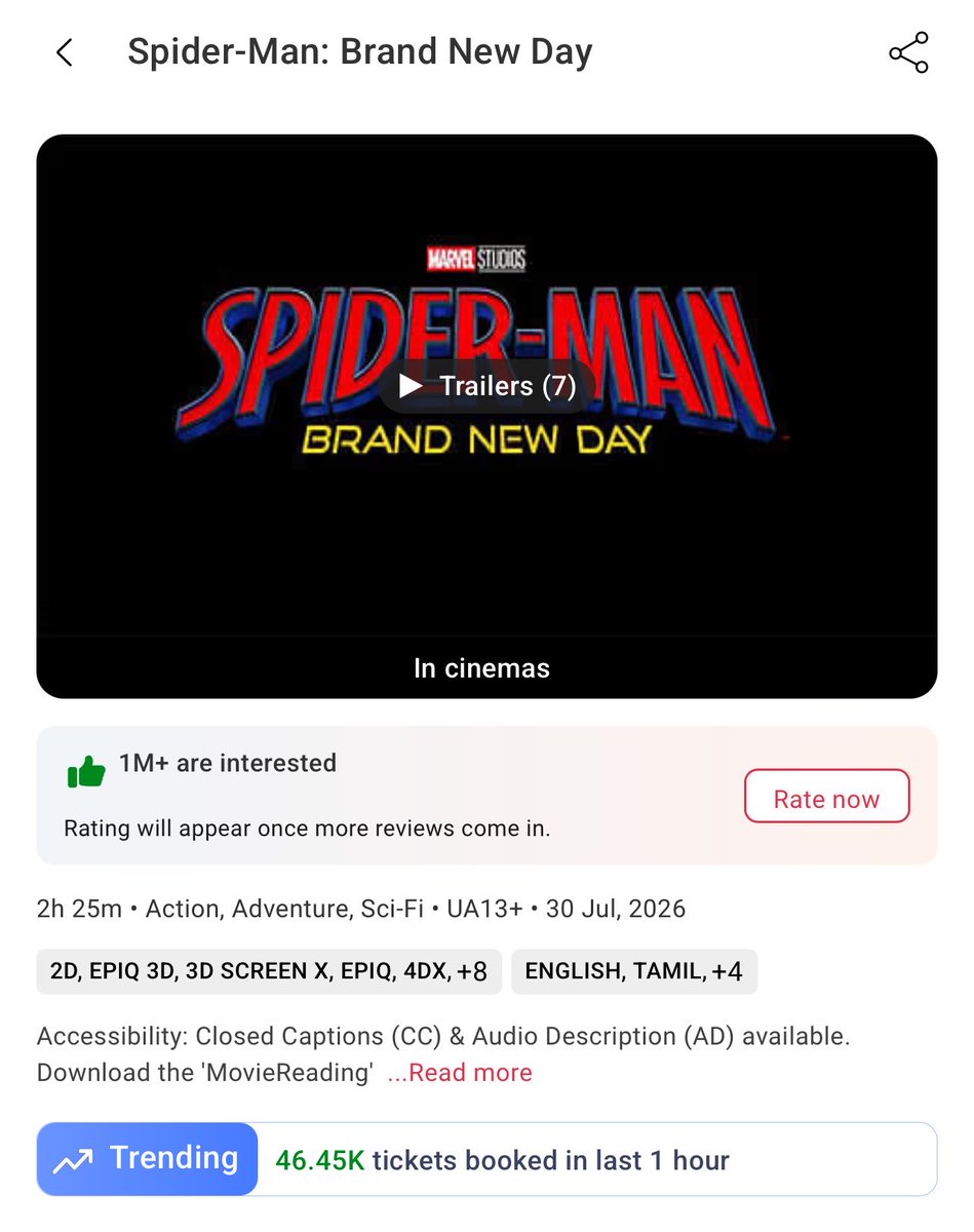 Southwoodoffl's tweet photo. #SpiderManBrandNewDay is moving towards All Time #1 Hollywood Opener at Indian box office.

Heavy Bookings All Over 🔥 https://t.co/hIzGOWXgRW