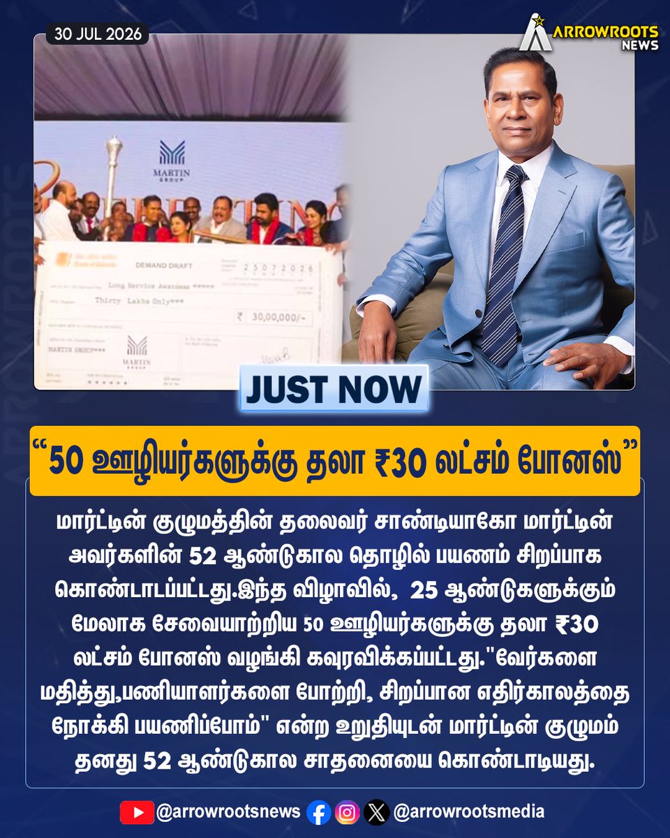 arrowrootsmedia's tweet photo. 50 ஊழியர்களுக்கு தலா ₹30 லட்சம் போனஸ் #lottorymartin #santiagomartín #martingroups #leemarose #josecharlesmartinmla #bestemloyee #employeoftheyear #arrowroot https://t.co/HLlhUmRfox