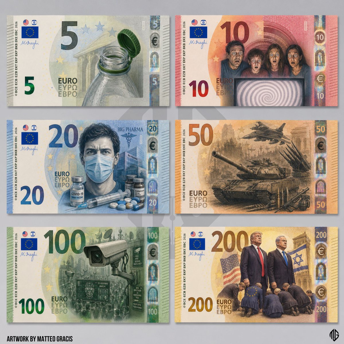 matteogracis's tweet photo. Nei giorni scorsi la Banca Centrale Europea ha indetto una consultazione per rinnovare gli #EURO. Personalmente ho trovato molto banali ma soprattutto poco rappresentative le grafiche proposte per le nuove #banconote (disponibili sui vari siti istituzionali), così mi sono permesso di ricreare una serie che trovo molto più coerente con gli attuali “valori” portati avanti dall’Unione Europea. Eccole...