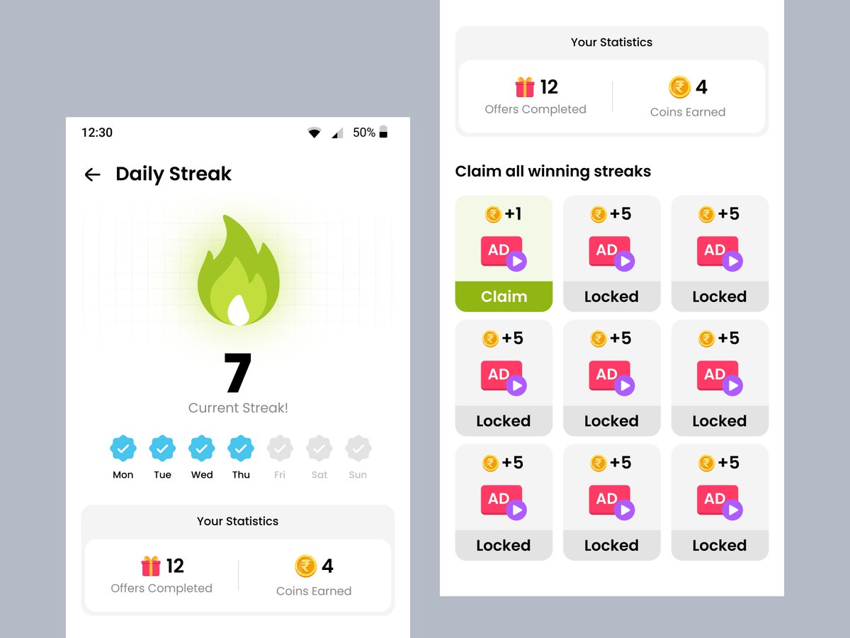 akshayuiux's tweet photo. Excited to share a recently completed mobile app UI/UX project.

Focused on designing a clean and engaging rewards experience with leaderboards, quizzes, achievements, and daily challenges. https://t.co/wKsGgjypfS