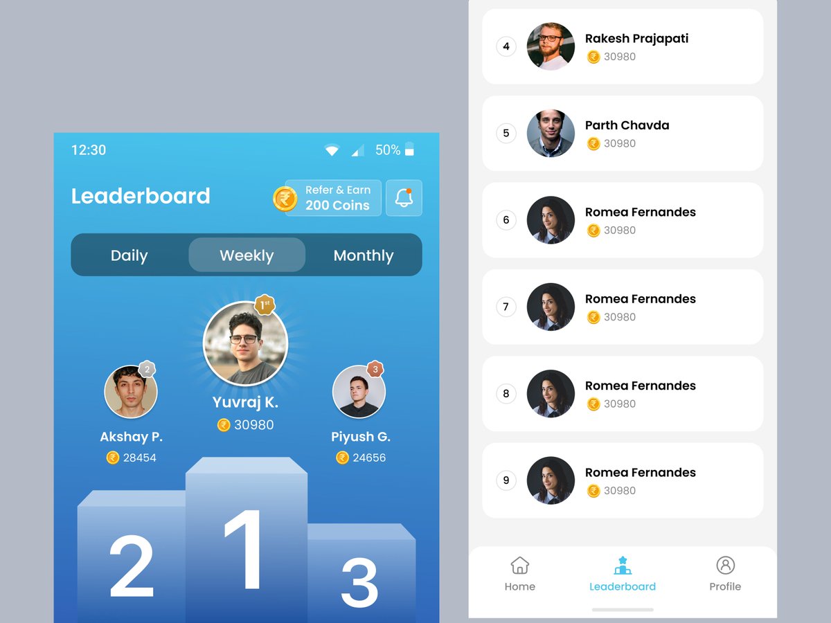 akshayuiux's tweet photo. Excited to share a recently completed mobile app UI/UX project.

Focused on designing a clean and engaging rewards experience with leaderboards, quizzes, achievements, and daily challenges. https://t.co/wKsGgjypfS