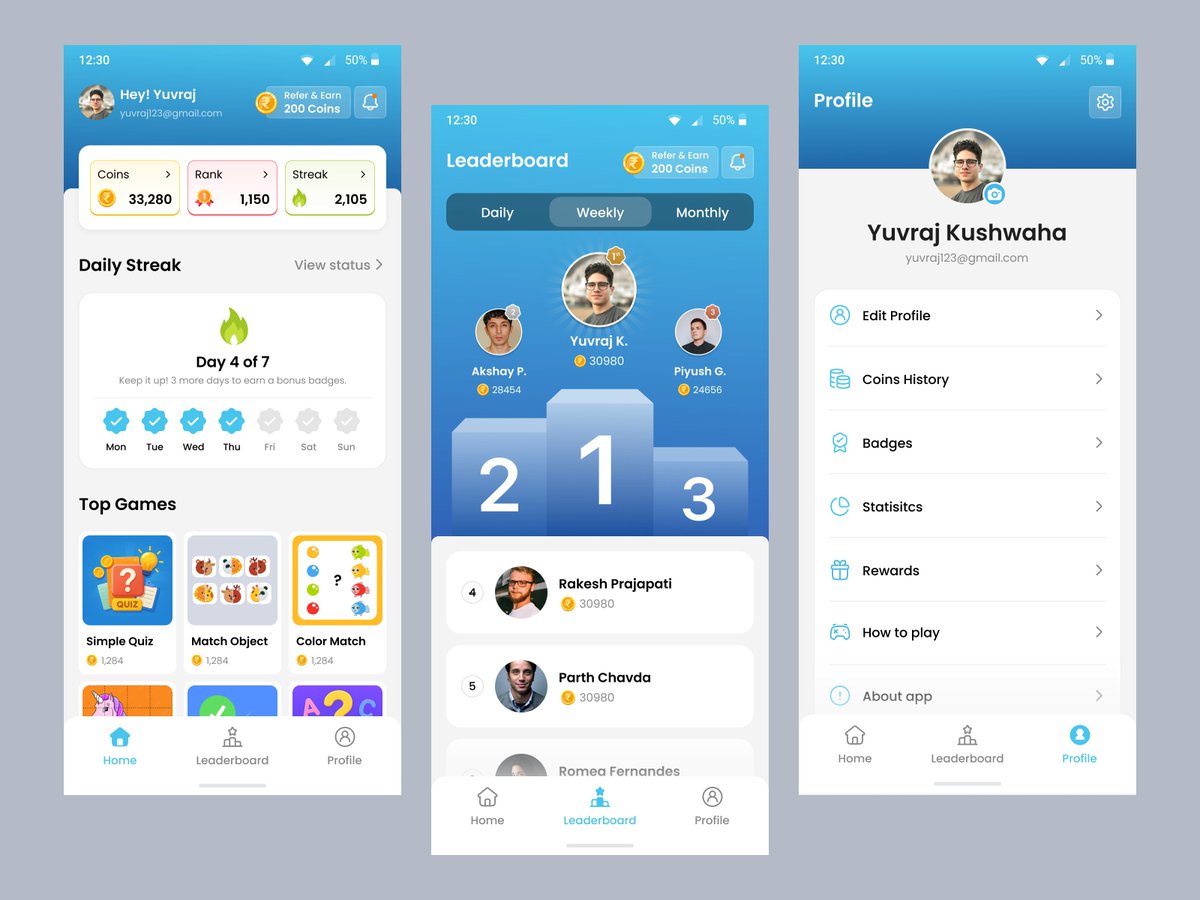 akshayuiux's tweet photo. Excited to share a recently completed mobile app UI/UX project.

Focused on designing a clean and engaging rewards experience with leaderboards, quizzes, achievements, and daily challenges. https://t.co/wKsGgjypfS