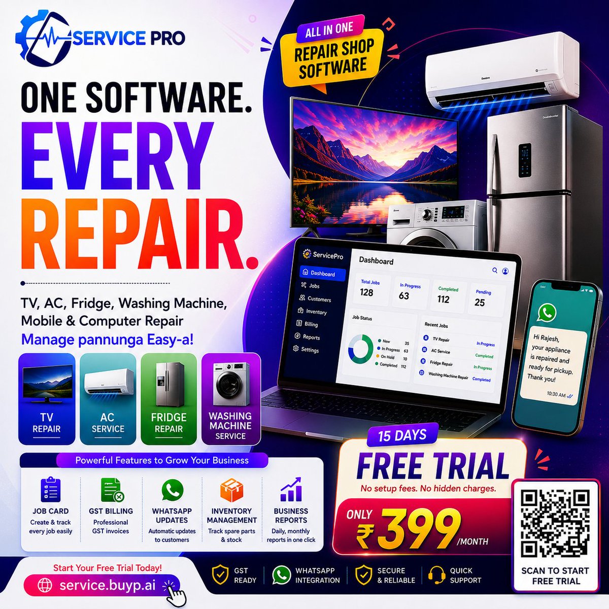 BuypTech's tweet photo. Running a repair shop job cards, bills, inventory,
💳 GST Billing
📦 Inventory Tracking
📲 WhatsApp Updates
📊 Business Reports
Perfect for TV, AC, Fridge, Washing Machine Mobile &amp; Computer Repair Shops.
🎁 15-Day FREE Trial
💰 Just ₹399/month
https://t.co/qmMBWDCVPd
#ServicePro https://t.co/21fsqRqW4j