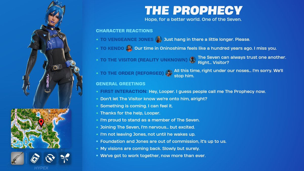 HopeyUpdates's tweet photo. 👁️ HOPE UPDATE! 🌴

Hope is OFFICIALLY a Seven Member as The Prophecy - skin releasing soon! 🐱🎧

She also realized The Visitor is just Geno in disguise! 👀
Currently investigating how to wake up Jones with the Sprites! 💙🖤 https://t.co/7K1qgeWFsq