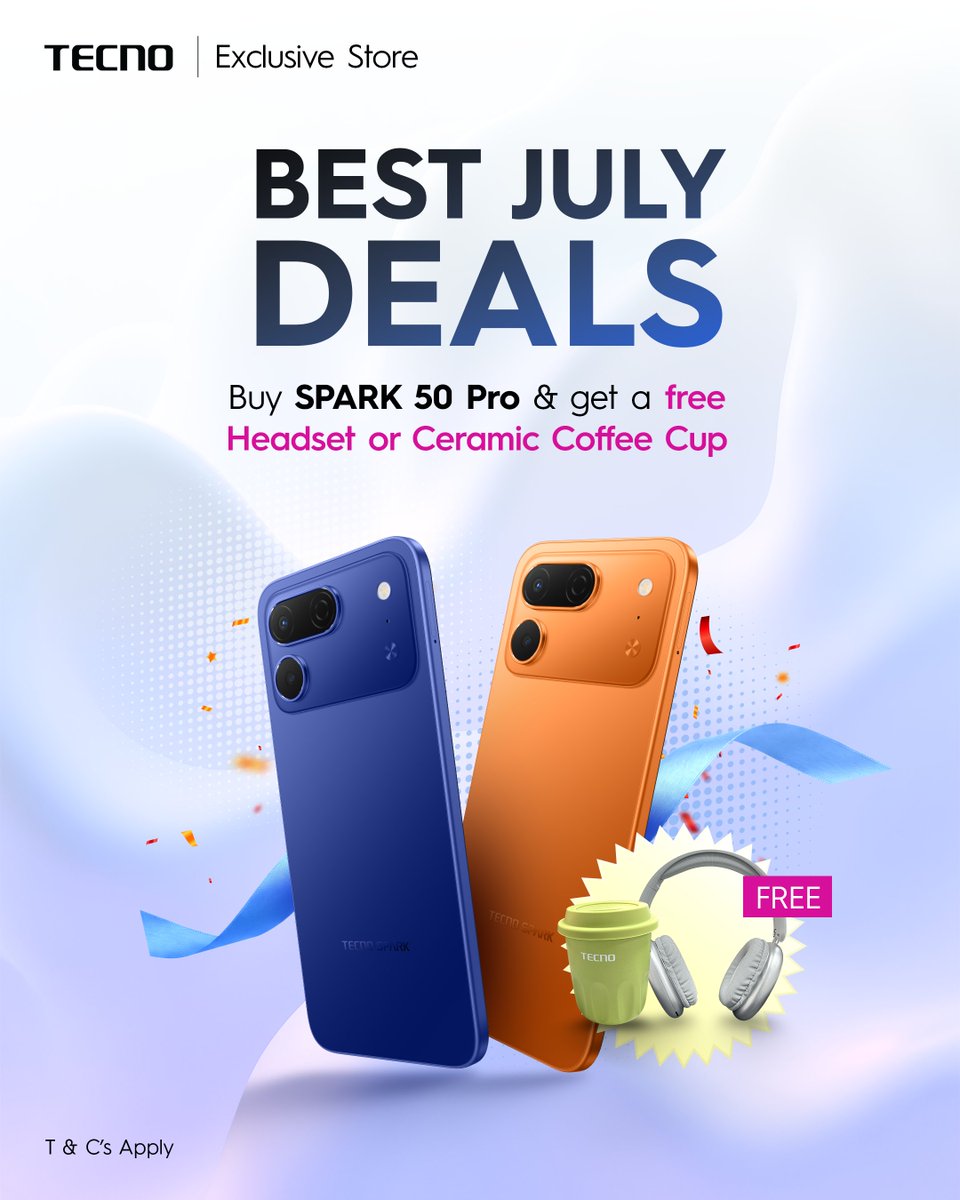 TecnoMobileGH's tweet photo. The SPARK 50 Pro deal just got better! 
Buy the SPARK 50 Pro this July and enjoy a FREE ceramic coffee cup or headset with your purchase.
Get yours now. https://t.co/HGDkbuQWji