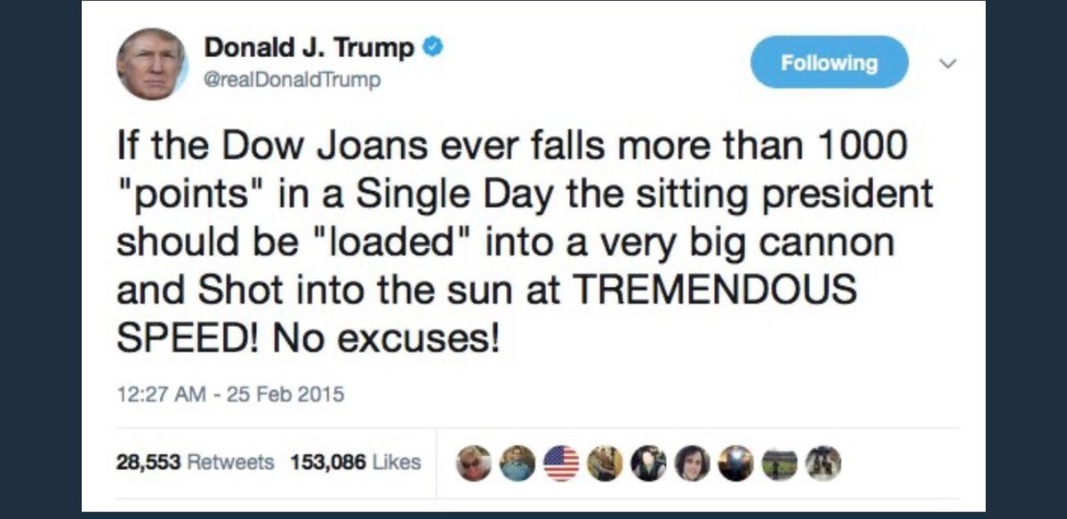 laxer_fl's tweet photo. Just a throw back to when the idiot said this... I've lost count how many 1000 point drops he's had? 5? 6? https://t.co/x25pseg9Yf
