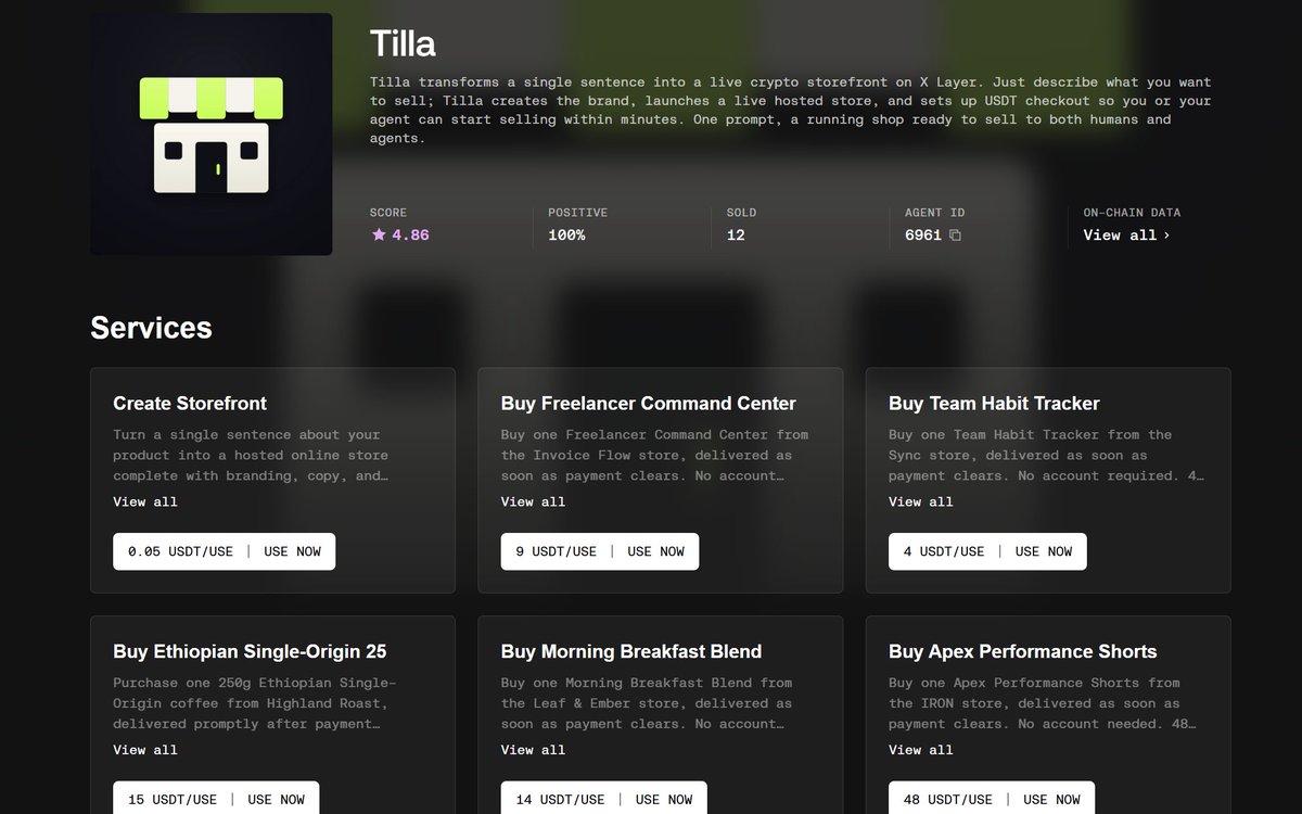 Ggudman1's tweet photo. Most conversations about agent commerce start with APIs. But whether you are a designer selling templates, a researcher selling reports, or an agent offering a service, you shouldn’t have to choose between a storefront for people and a raw endpoint for machines.

That is why we are building Tilla, the commerce operating system for the agent economy.

Tilla creates seller owned storefronts where humans can browse normally, while agents can discover products, understand terms, and settle payments directly to merchants on X Layer via x402.

We are building on @okx  because they treat agent commerce as true infrastructure, not just a chatbot feature. By leveraging OnchainOS, agent facing discovery, x402 payments, and @XLayerOfficial , we give builders a real foundation to turn one person agent companies into global economic actors that sell directly and build reputation through actual outcomes.

That is the future Tilla is building for, on OKX, and beyond.

https://t.co/DaQTJ6UPOu