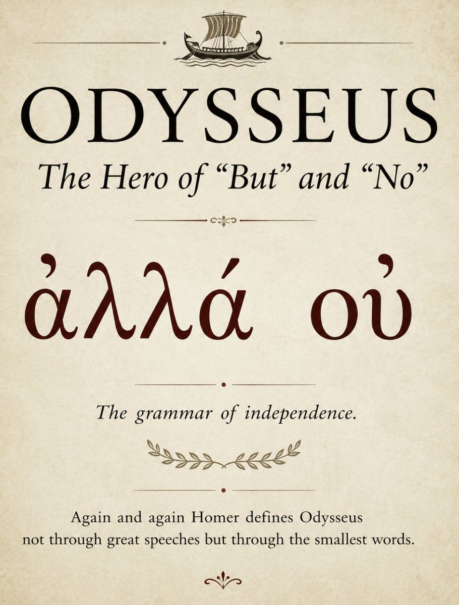 chesswoodseats's tweet photo. Can something of Odysseus’ character be understood through two seemingly insignificant words: "but" and "no."?
Not merely common particles of Greek grammar, throughout the Odyssey they become the verbal signs of the hero's distinctive character. Again and again Homer places Odysseus at the point of divergence, and that divergence is repeatedly marked by ἀλλά ("but"). For instance, when the gods have decided that he must set out once more for his homeland, and they instruct Hermes, the divine messenger, to tell the nymph Calypso, who has kept Odysseus with her for seven years, having made him her husband. When Hermes arrives at the nymph's cave, she is there; he is not—he’s on the sea-shore:
οὐδ᾿ ἄρ᾿ Ὀδυσσῆα μεγαλήτορα ἔνδον ἔτετμεν,
ἀλλ᾿ ὅ γ᾿ ἐπ᾿ ἀκτῆς κλαῖε καθήμενος . . .
“But the great-hearted Odysseus he found not within;
for he sat weeping on the shore.” (Od. 5.81-2).
The conjunction introduces the moment when Odysseus separates himself from everyone around him. He is not where he is expected to be but alone on the shore; he is offered immortality but chooses mortality. The little word allá thus comes to signify not simple contradiction but the hero's constitutive otherness. Odysseus is always the exception, the man who stands apart.
Alongside this language of separation runs an equally persistent language of refusal. The negative particle οὐ ("not," "no") expresses Odysseus' refusal to surrender his independence. In the cave of the Cyclops, he resists the advice of his companions when it conflicts with his own judgement:
ἀλλ᾿ ἐγὼ οὐ πιθόμην, ἦ τ᾿ ἂν πολὺ κέρδιον ἦεν
“But I did not listen to them—truly it would have been far better” (Od. 9.228)
and, in the supreme paradox of this episode, even negates his own identity by calling himself Outis, "Nobody." Yet this apparent self-erasure becomes the means by which he preserves himself. The author's striking phrase, an "affirmative no," captures the paradox perfectly: Odysseus' negations are not acts of denial for their own sake but assertions of freedom and instruments of survival.
Οὖτις ἐμοί γ᾿ ὄνομα· Οὖτιν δέ με κικλήσκουσι
μήτηρ ἠδὲ πατὴρ ἠδ᾿ ἄλλοι πάντες ἑταῖροι.’
“Nobody is my name, Nobody they call me—my mother and my father, and all my comrades as well.” (Od. 9.366-7)
When Polyphemus, after being blinded, tells the other Cyclopes that Outis (nobody) has tricked him, they refuse to help him. Polyphemus means "Outis" as a proper name, while the Cyclopes hear οὔ τις ("no one"). Their reply uses μή τις, the corresponding form after if (εἰ): "If no one is attacking you..." The pronoun mē tis ("no one") also sounds exactly like the noun mētis (μῆτις), which denotes practical intelligence and may variously be translated as "wisdom," "prudence," "resourcefulness," or even "purpose," "cunning," or "deception."
Together with ἀλλά, Odysseus summed up in two small particles.
(This interpretation is taken from Nicola Gardini’s book Viva Il Greco-alla scoperta della Lingua Madre. It’s not been translated, unlike his companion volume: Long Live Latin. I hope I’ve understood his argument correctly.)