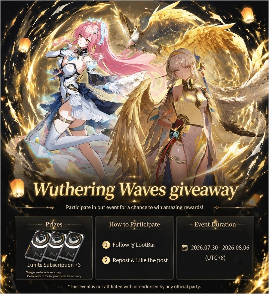LootBar_com's tweet photo. ✨ Wuthering Waves Version 3.5 Phase 2 Giveaway! ✨
To celebrate the Phase 2 of Version 3.5, we are giving away some amazing rewards to our fellow Rovers! 🎁 Join the event now for a chance to win!

🏆 Prizes: 
Lunite Subscription ×3 (3 lucky winners will receive one each!)
👇 How to Participate:
1️⃣ Follow @LootBar_com 
2️⃣ Like & Repost this post

⏳ Event Duration:
2026.07.30 – 2026.08.06 (UTC+8)
May the gacha luck be on your side! Good luck, Rovers! 🍀
#WutheringWaves #WuWa #Giveaway #lootbar #WutheringWavesGiveaway