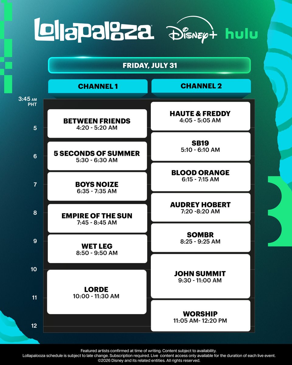 disneyplusph's tweet photo. Us seeing the #Lollapalooza line-up: 🥳

#UySB19 and more of your favorite artists on #DisneyPlusPH this weekend! 

July 31–August 3 starting 3:45 AM (PHT) on #DisneyPlusPH. No replays, watch LIVE. https://t.co/LzCBpytid6
