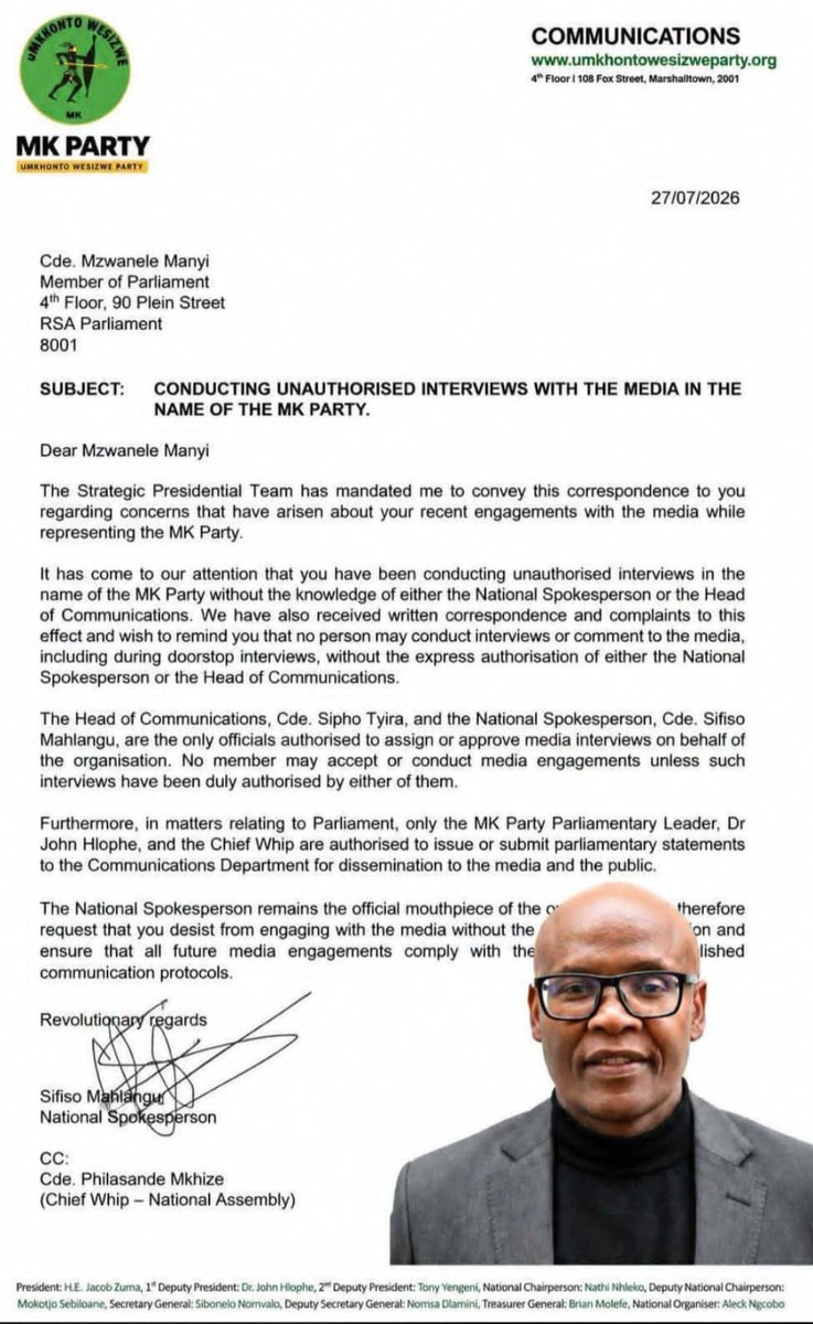 niehaus_carl's tweet photo. Last year in an interview on the podcast “Conversations with Lelethu”, I 
warned @MzwaneleManyi when he so ungratefully and opportunistically jumped ship to the MK-Party that they were going to show him flames. Well, all I can say is: I told you so. 

Karma … https://t.co/ChWwBuwNmC