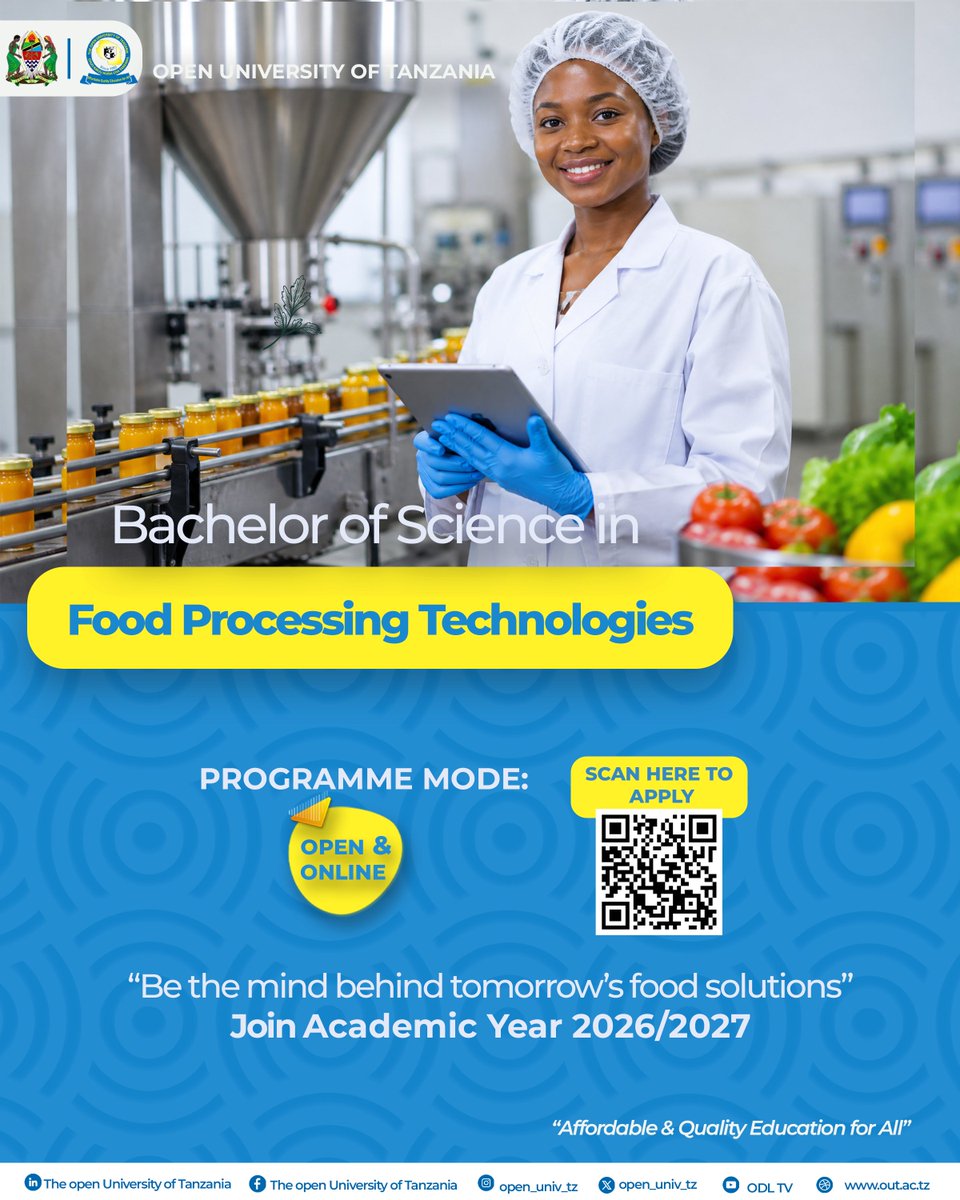 Open_univ_tz's tweet photo. Your future starts here. Be among the first to join OUT's new Bachelor of Science in Food Processing Technologies programme.

#affordablequalityeducationforall #elimuborananafuukwawote #ODL
#out #openandonline #studyanywhere https://t.co/6tomeZYbAC