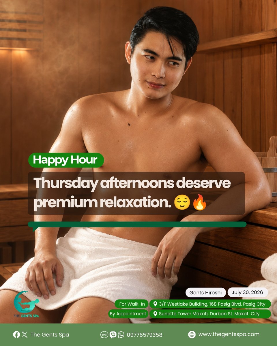thegentsspamain's tweet photo. 😌🔥 Thursday afternoons hit different, bestie. 

Take a well-deserved pause, enjoy premium relaxation, and recharge your mind and body with a soothing sauna experience. Your wellness hour starts now. 🌿♨️

💻 Website Appointment: https://t.co/c4lY36eEel
🔗 Telegram Appointment: https://t.co/Jci8JhRSmz
📧 Client's Feedback: https://t.co/qWjSjcXi2W
📲 Hotlines: Pasig Main/Makati Branch
📞 SMS | Viber | WhatsApp: 09776579358

#GentsHiroshi #Sauna #TheGentsSpa #WellnessJourney #ThursdayVibes