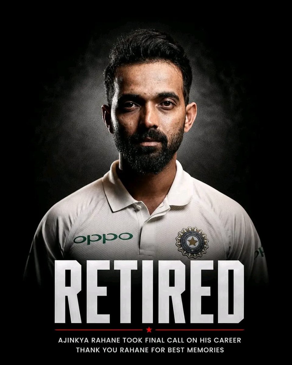 Aadee0018's tweet photo. Ajinkya Rahane announces his retirement from international cricket, bringing an end to a remarkable chapter filled with grit, class, and unforgettable memories.🥹💔

Thank you, Rahane, for everything!* 🇮🇳🏏
#AjinkyaRahane #RahaneRetires #IndianCricket #Fanficsports #vFanficsports https://t.co/TNkCjoEcCj